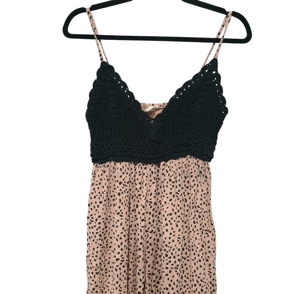 Blush Women's Tan Black Animal Spot Crochet Bodice Smocked Rayon Jumpsuit M